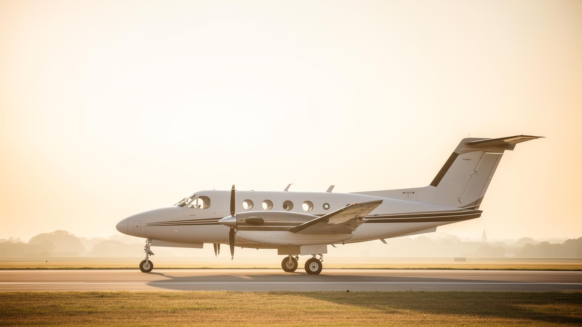 King Air turboprop aircraft at golden hour
